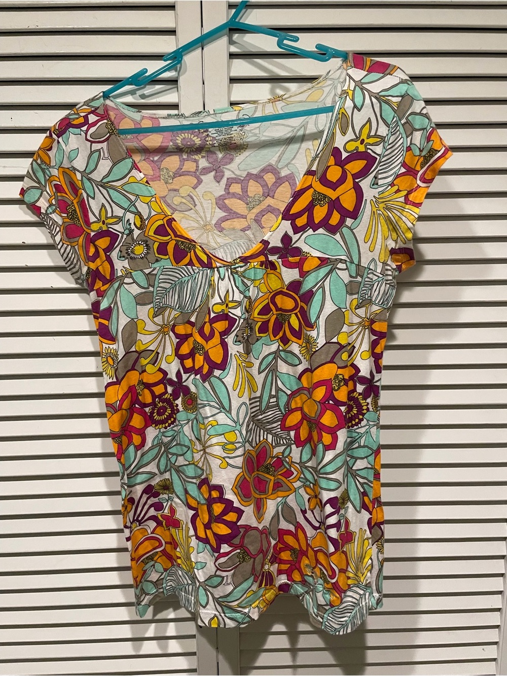 Billabong White Scoop Neck Tee with Orange, Pink and Teal Floral Print